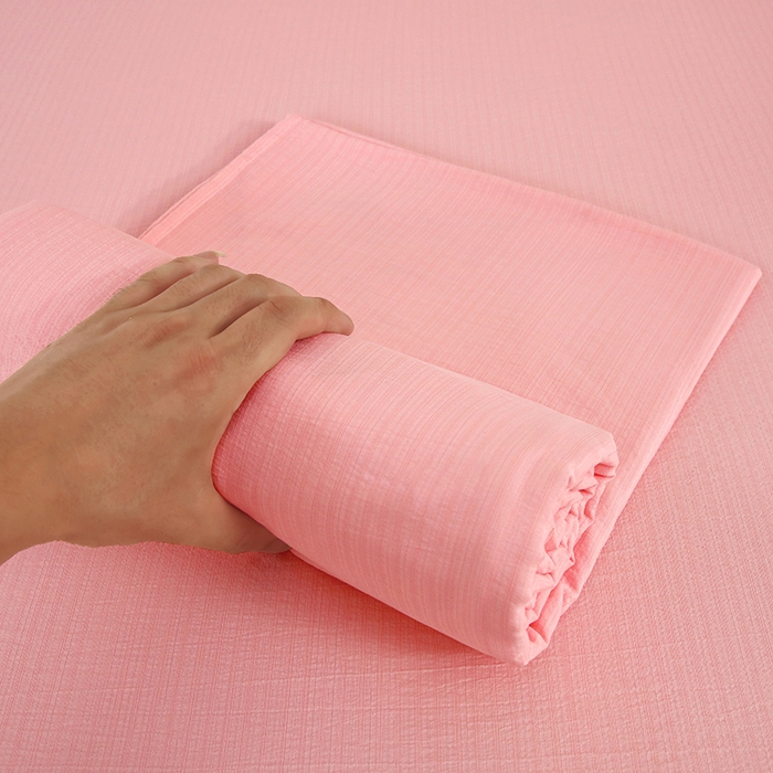 91家纺网 家纺一手货源 找家纺 一诺家居 2025新款A类云感棉双层纱纯色床单针织棉母婴级裸睡木棉床单三件套 量大可优惠 优雅粉