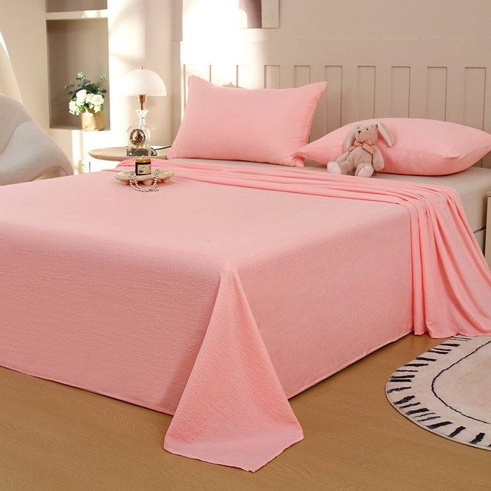 91家纺网 家纺一手货源 找家纺 一诺家居 2025新款A类云感棉双层纱纯色床单针织棉母婴级裸睡木棉床单三件套 量大可优惠 优雅粉