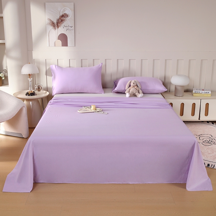 91家纺网 家纺一手货源 找家纺 一诺家居 2025新款A类云感棉双层纱纯色床单针织棉母婴级裸睡木棉床单三件套 量大可优惠 熏衣紫