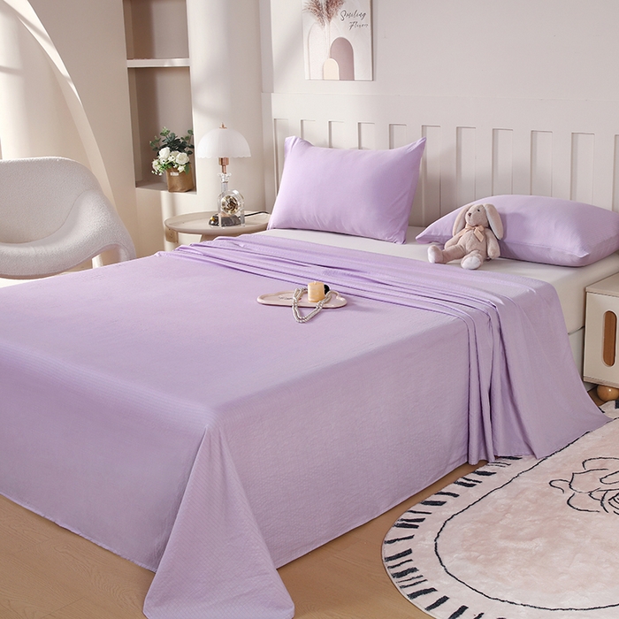 91家纺网 家纺一手货源 找家纺 一诺家居 2025新款A类云感棉双层纱纯色床单针织棉母婴级裸睡木棉床单三件套 量大可优惠 熏衣紫