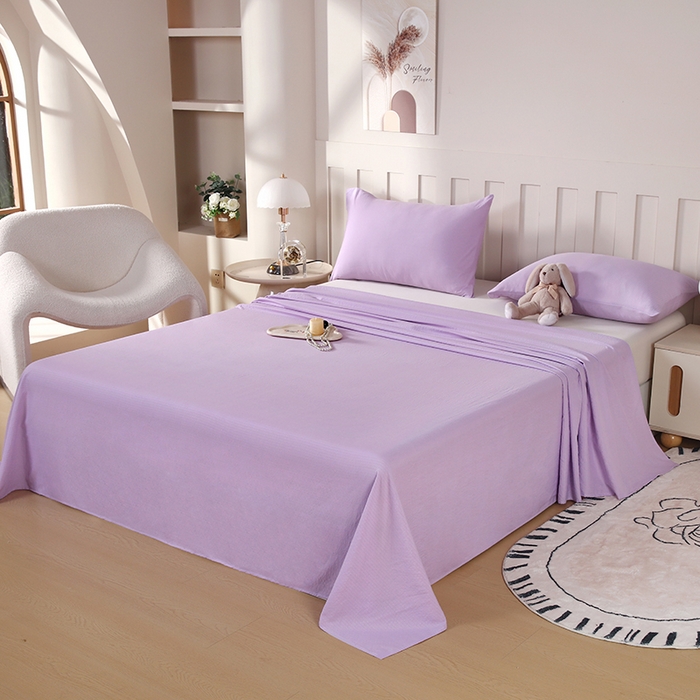 91家纺网 家纺一手货源 找家纺 一诺家居 2025新款A类云感棉双层纱纯色床单针织棉母婴级裸睡木棉床单三件套 量大可优惠 熏衣紫