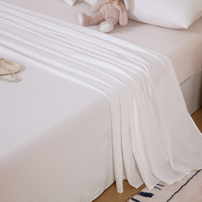 91家纺网 家纺一手货源 找家纺 一诺家居 2025新款A类云感棉双层纱纯色床单针织棉母婴级裸睡木棉床单三件套 量大可优惠 珍珠白