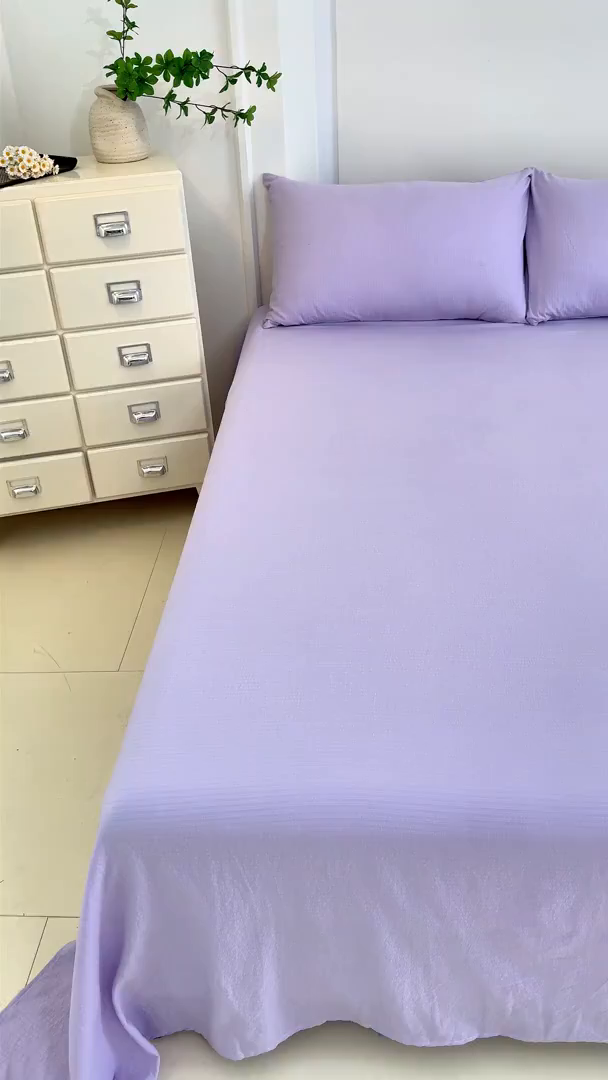 91家纺网 家纺一手货源 找家纺 一诺家居 2025新款A类云感棉双层纱纯色床单针织棉母婴级裸睡木棉床单三件套 量大可优惠 熏衣紫