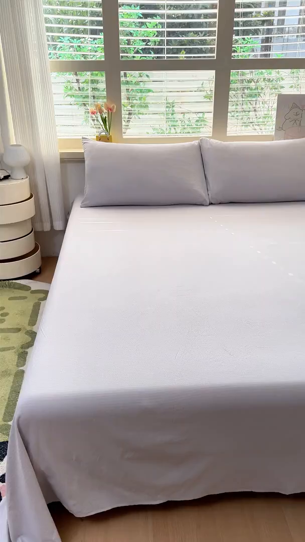 91家纺网 家纺一手货源 找家纺 一诺家居 2025新款A类云感棉双层纱纯色床单针织棉母婴级裸睡木棉床单三件套 量大可优惠 珍珠白