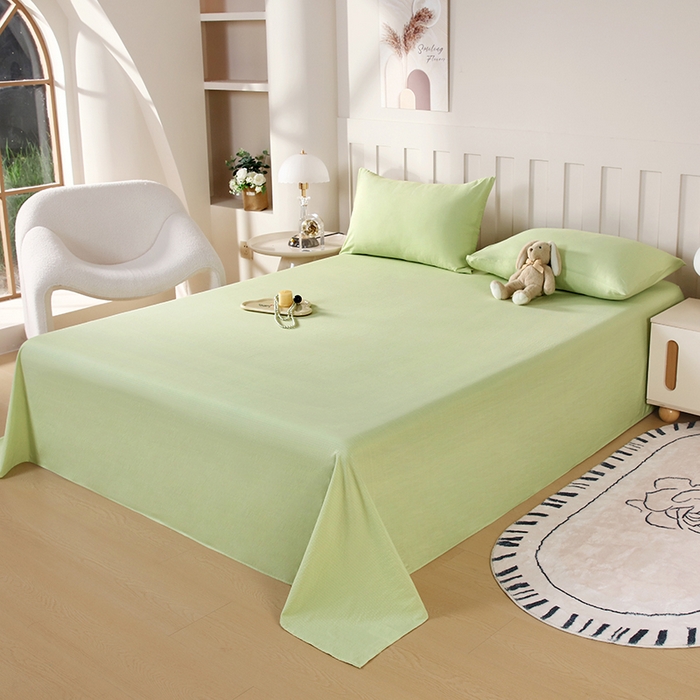 91家纺网 家纺一手货源 找家纺 一诺家居 2025新款A类云感棉双层纱纯色床单针织棉母婴级裸睡木棉床单三件套 量大可优惠 豆蔻绿