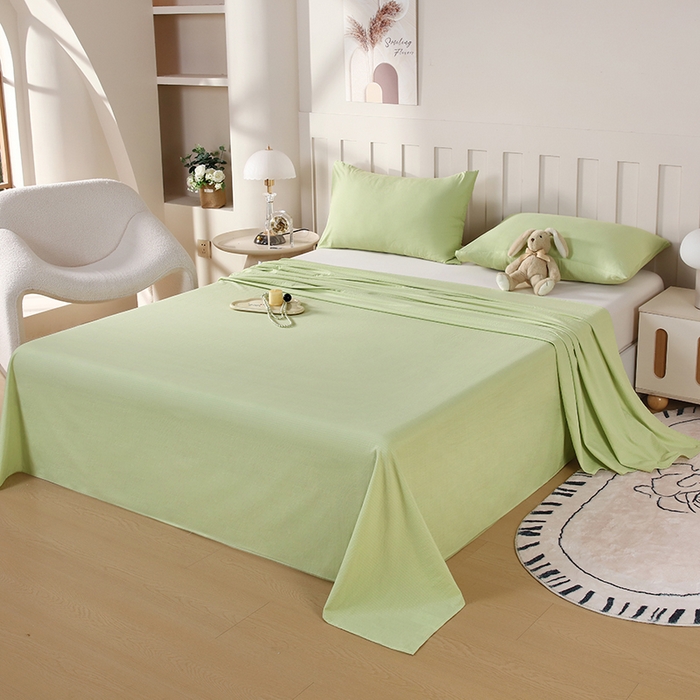 91家纺网 家纺一手货源 找家纺 一诺家居 2025新款A类云感棉双层纱纯色床单针织棉母婴级裸睡木棉床单三件套 量大可优惠 豆蔻绿