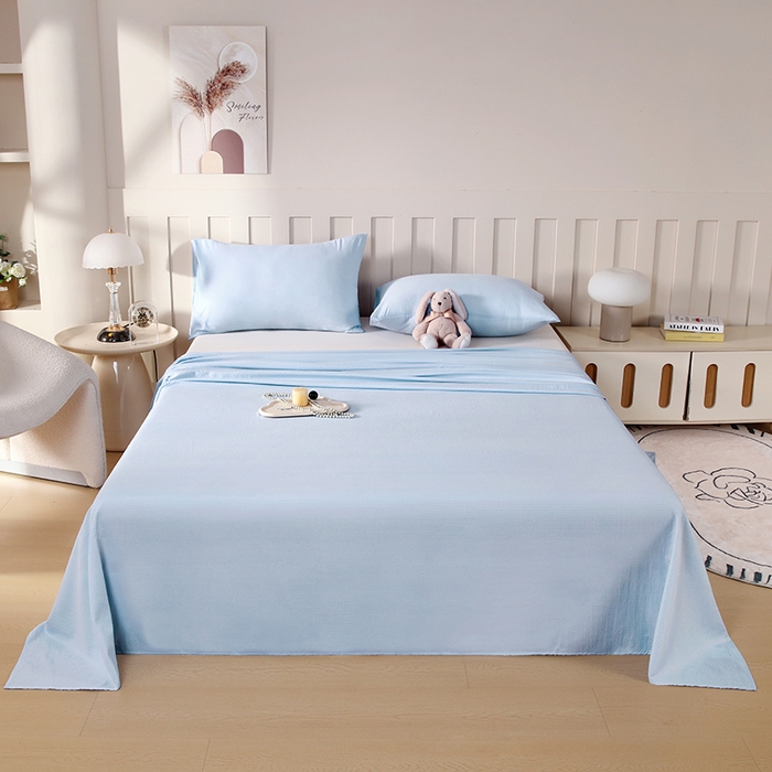 91家纺网 家纺一手货源 找家纺 一诺家居 2025新款A类云感棉双层纱纯色床单针织棉母婴级裸睡木棉床单三件套 量大可优惠 月光蓝