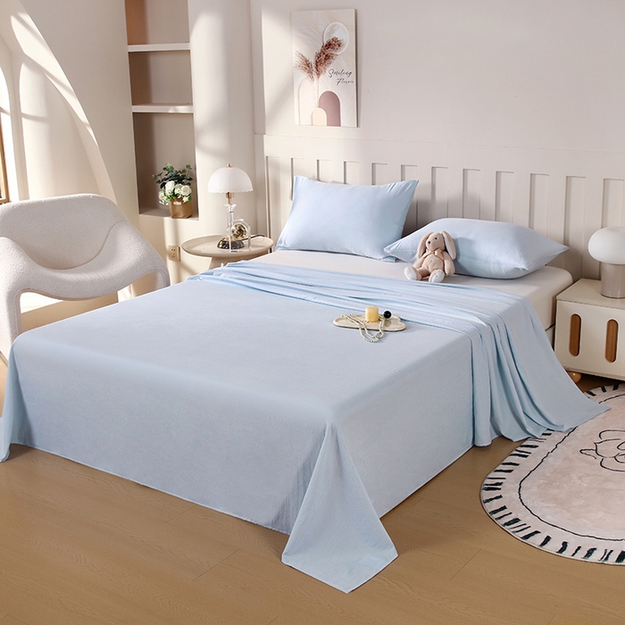 91家纺网 家纺一手货源 找家纺 一诺家居 2025新款A类云感棉双层纱纯色床单针织棉母婴级裸睡木棉床单三件套 量大可优惠 月光蓝