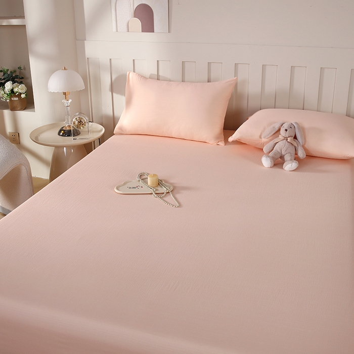 91家纺网 家纺一手货源 找家纺 一诺家居 2025新款A类云感棉双层纱纯色床单针织棉母婴级裸睡木棉床单三件套 量大可优惠 香妃玉