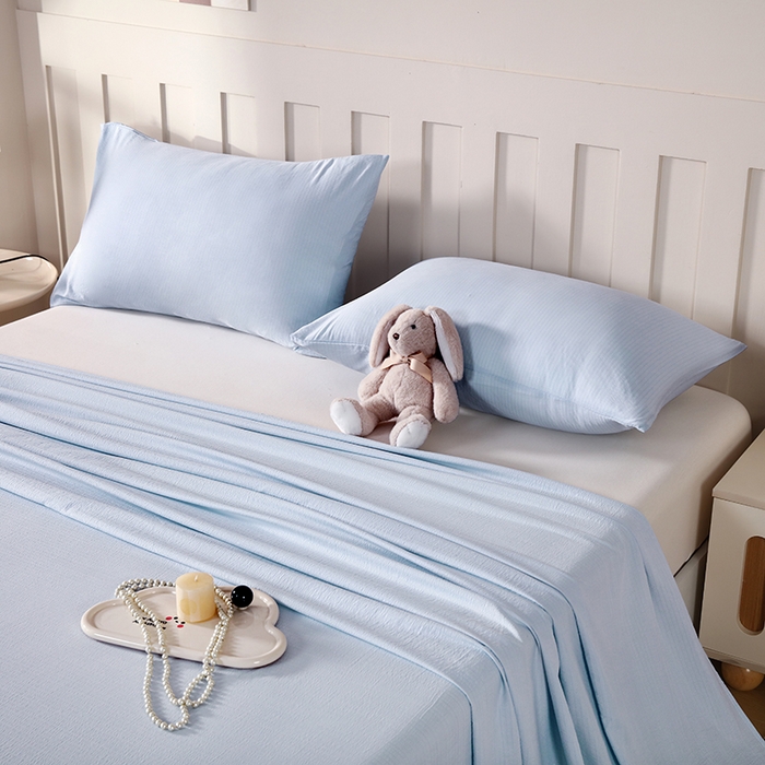 91家纺网 家纺一手货源 找家纺 一诺家居 2025新款A类云感棉双层纱纯色床单针织棉母婴级裸睡木棉床单三件套 量大可优惠 月光蓝