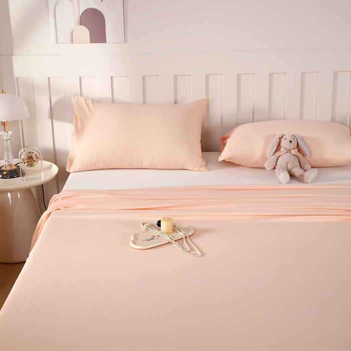 91家纺网 家纺一手货源 找家纺 一诺家居 2025新款A类云感棉双层纱纯色床单针织棉母婴级裸睡木棉床单三件套 量大可优惠 香妃玉