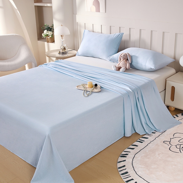 91家纺网 家纺一手货源 找家纺 一诺家居 2025新款A类云感棉双层纱纯色床单针织棉母婴级裸睡木棉床单三件套 量大可优惠 月光蓝