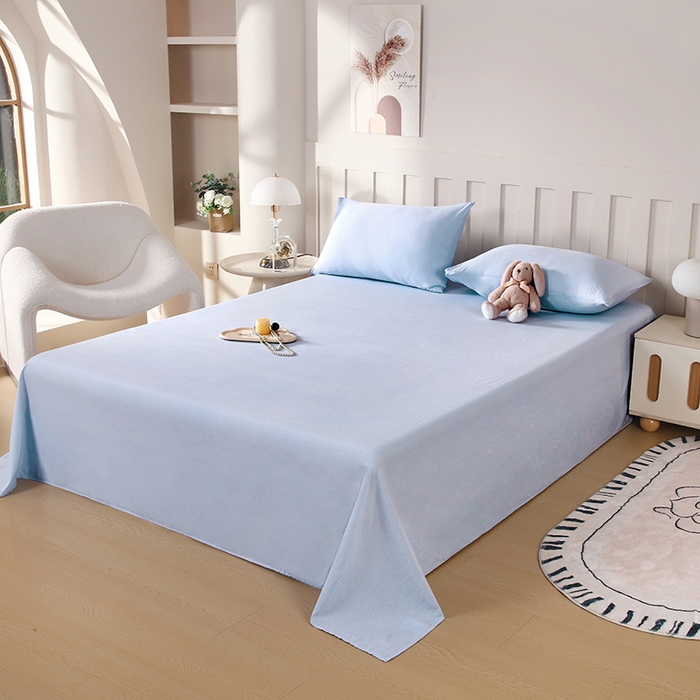 91家纺网 家纺一手货源 找家纺 一诺家居 2025新款A类云感棉双层纱纯色床单针织棉母婴级裸睡木棉床单三件套 量大可优惠 月光蓝