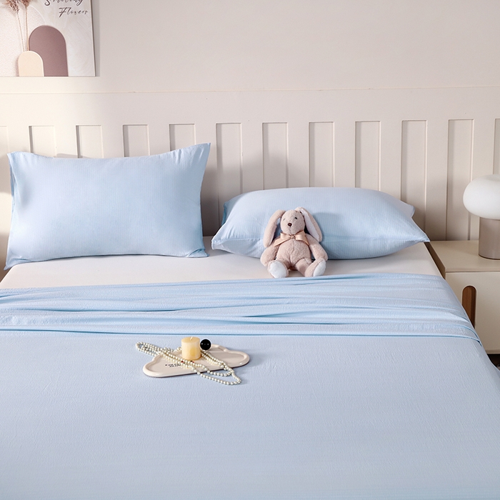 91家纺网 家纺一手货源 找家纺 一诺家居 2025新款A类云感棉双层纱纯色床单针织棉母婴级裸睡木棉床单三件套 量大可优惠 月光蓝