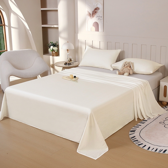 91家纺网 家纺一手货源 找家纺 一诺家居 2025新款A类云感棉双层纱纯色床单针织棉母婴级裸睡木棉床单三件套 量大可优惠 奶昔白