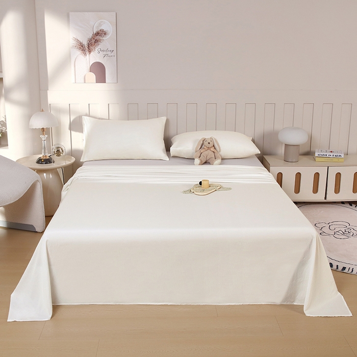 91家纺网 家纺一手货源 找家纺 一诺家居 2025新款A类云感棉双层纱纯色床单针织棉母婴级裸睡木棉床单三件套 量大可优惠 奶昔白