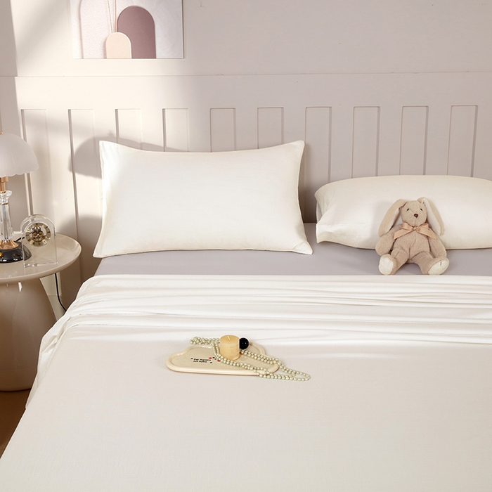 91家纺网 家纺一手货源 找家纺 一诺家居 2025新款A类云感棉双层纱纯色床单针织棉母婴级裸睡木棉床单三件套 量大可优惠 奶昔白