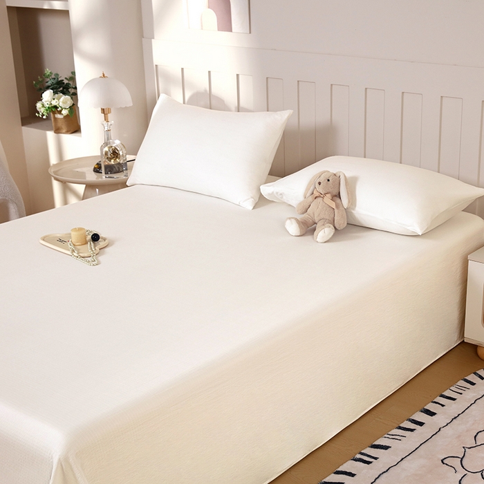 91家纺网 家纺一手货源 找家纺 一诺家居 2025新款A类云感棉双层纱纯色床单针织棉母婴级裸睡木棉床单三件套 量大可优惠 奶昔白