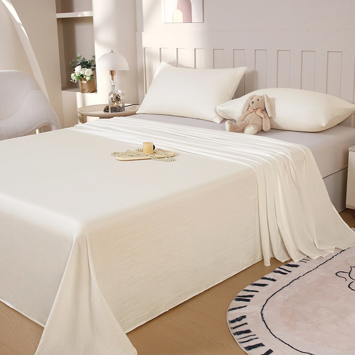 91家纺网 家纺一手货源 找家纺 一诺家居 2025新款A类云感棉双层纱纯色床单针织棉母婴级裸睡木棉床单三件套 量大可优惠 奶昔白