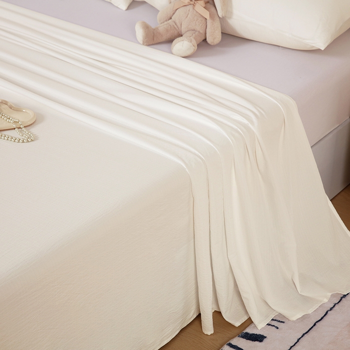 91家纺网 家纺一手货源 找家纺 一诺家居 2025新款A类云感棉双层纱纯色床单针织棉母婴级裸睡木棉床单三件套 量大可优惠 奶昔白