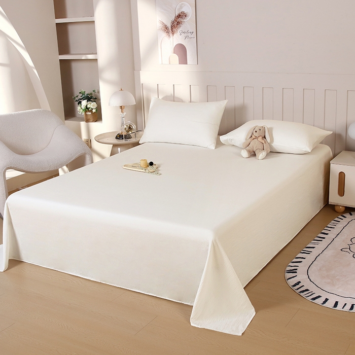 91家纺网 家纺一手货源 找家纺 一诺家居 2025新款A类云感棉双层纱纯色床单针织棉母婴级裸睡木棉床单三件套 量大可优惠 奶昔白