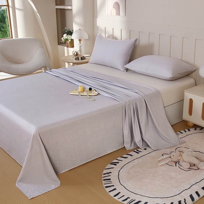 91家纺网 家纺一手货源 找家纺 一诺家居 2025新款A类云感棉双层纱纯色床单针织棉母婴级裸睡木棉床单三件套 量大可优惠 暮云灰