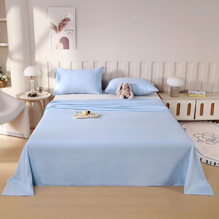 91家纺网 家纺一手货源 找家纺 一诺家居 2025新款A类云感棉双层纱纯色床单针织棉母婴级裸睡木棉床单三件套 量大可优惠 天空蓝