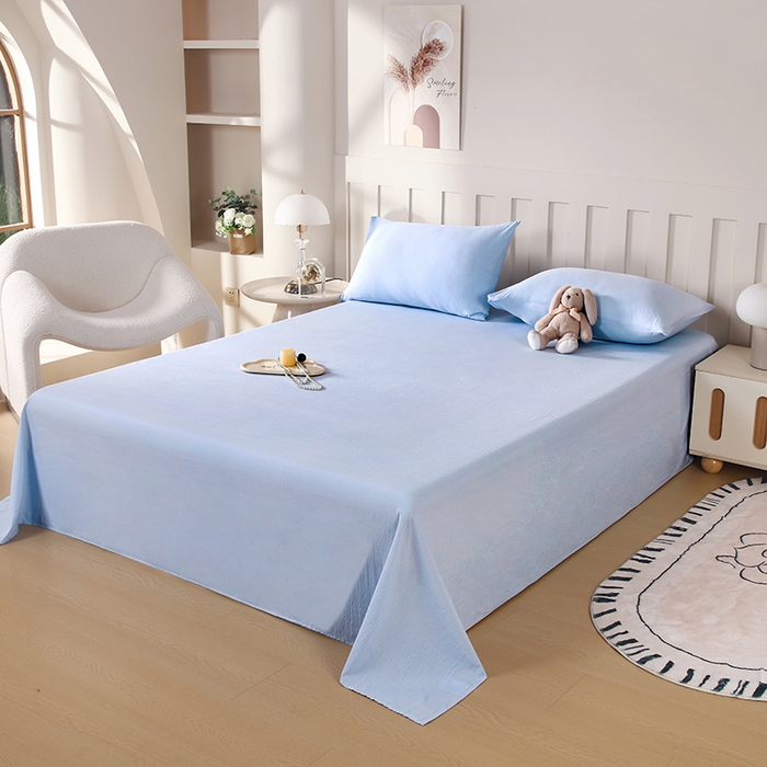 91家纺网 家纺一手货源 找家纺 一诺家居 2025新款A类云感棉双层纱纯色床单针织棉母婴级裸睡木棉床单三件套 量大可优惠 天空蓝