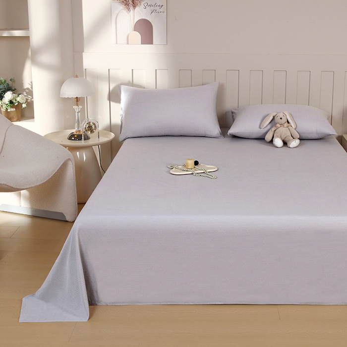 91家纺网 家纺一手货源 找家纺 一诺家居 2025新款A类云感棉双层纱纯色床单针织棉母婴级裸睡木棉床单三件套 量大可优惠 暮云灰