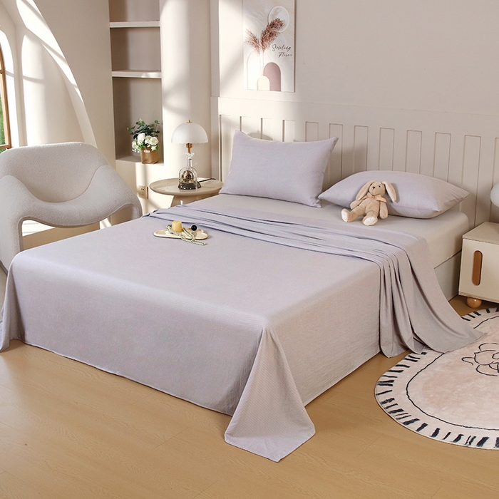 91家纺网 家纺一手货源 找家纺 一诺家居 2025新款A类云感棉双层纱纯色床单针织棉母婴级裸睡木棉床单三件套 量大可优惠 暮云灰