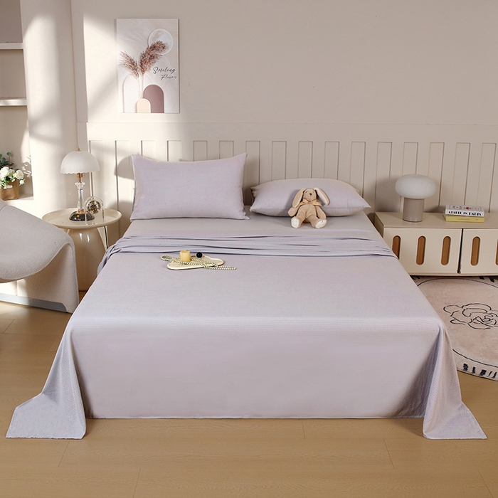 91家纺网 家纺一手货源 找家纺 一诺家居 2025新款A类云感棉双层纱纯色床单针织棉母婴级裸睡木棉床单三件套 量大可优惠 暮云灰