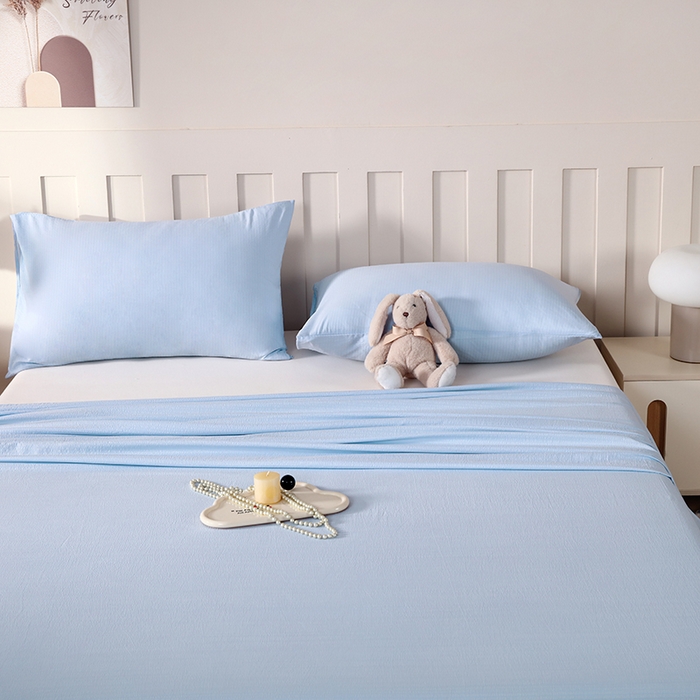 91家纺网 家纺一手货源 找家纺 一诺家居 2025新款A类云感棉双层纱纯色床单针织棉母婴级裸睡木棉床单三件套 量大可优惠 天空蓝