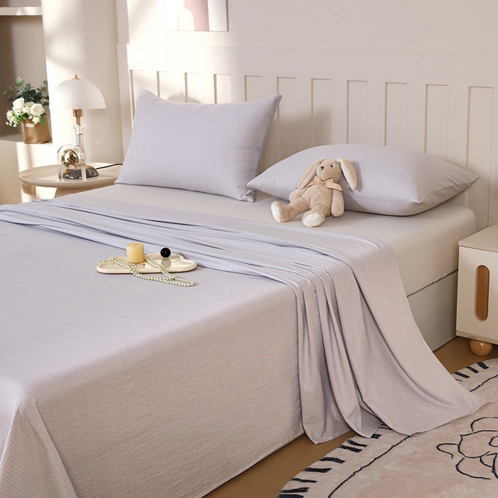 91家纺网 家纺一手货源 找家纺 一诺家居 2025新款A类云感棉双层纱纯色床单针织棉母婴级裸睡木棉床单三件套 量大可优惠 暮云灰