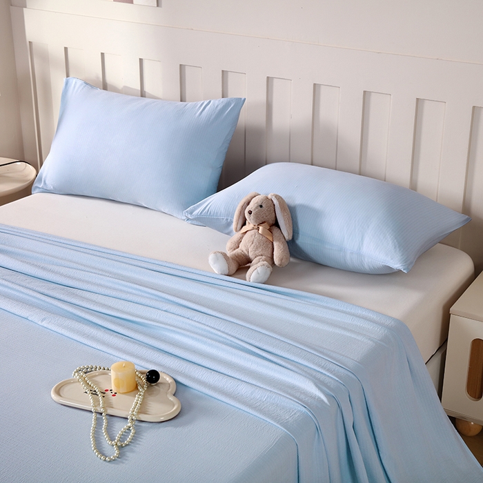 91家纺网 家纺一手货源 找家纺 一诺家居 2025新款A类云感棉双层纱纯色床单针织棉母婴级裸睡木棉床单三件套 量大可优惠 天空蓝