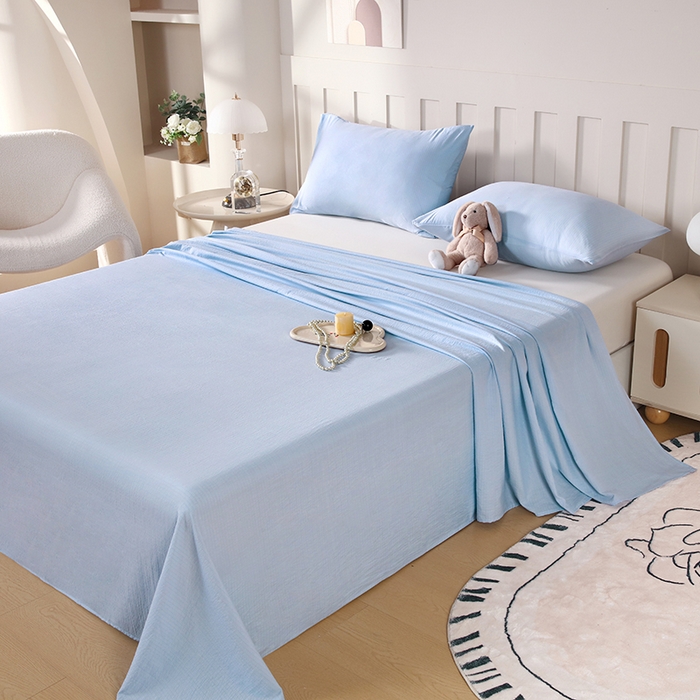 91家纺网 家纺一手货源 找家纺 一诺家居 2025新款A类云感棉双层纱纯色床单针织棉母婴级裸睡木棉床单三件套 量大可优惠 天空蓝