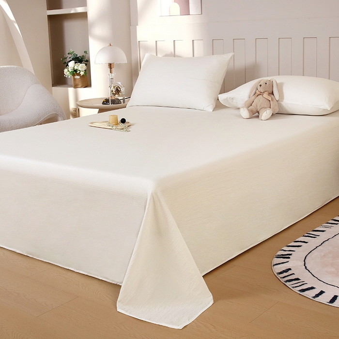 91家纺网 家纺一手货源 找家纺 一诺家居 2025新款A类云感棉双层纱纯色床单针织棉母婴级裸睡木棉床单三件套 量大可优惠 奶昔白