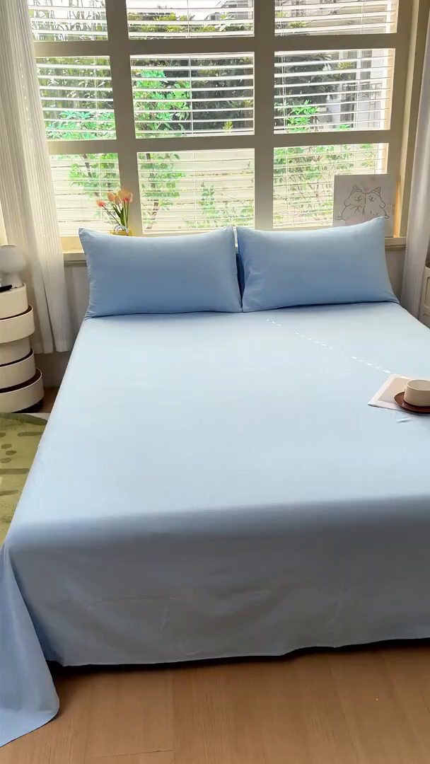 91家纺网 家纺一手货源 找家纺 一诺家居 2025新款A类云感棉双层纱纯色床单针织棉母婴级裸睡木棉床单三件套 量大可优惠 天空蓝