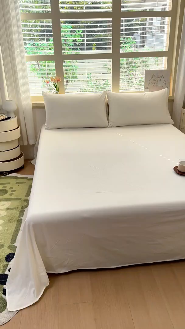 91家纺网 家纺一手货源 找家纺 一诺家居 2025新款A类云感棉双层纱纯色床单针织棉母婴级裸睡木棉床单三件套 量大可优惠 奶昔白