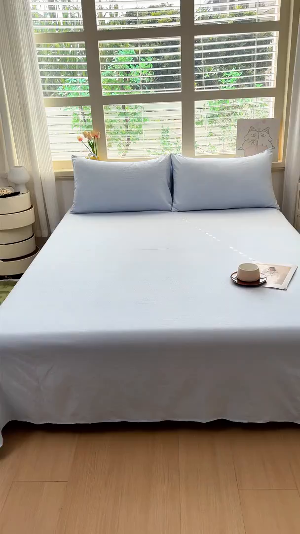 91家纺网 家纺一手货源 找家纺 一诺家居 2025新款A类云感棉双层纱纯色床单针织棉母婴级裸睡木棉床单三件套 量大可优惠 月光蓝