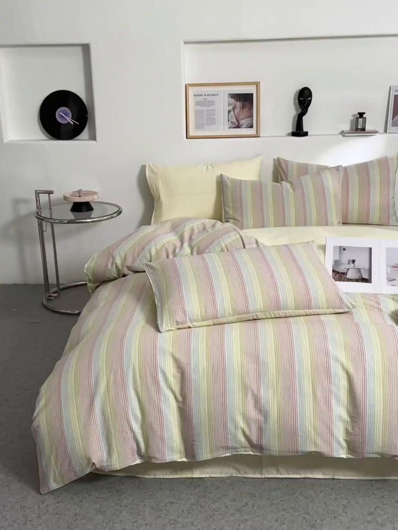 91家纺网 家纺一手货源 找家纺 曲之慕 2025新款亲肤舒适全棉纯棉色织水洗棉四件套 克鲁奇-绿