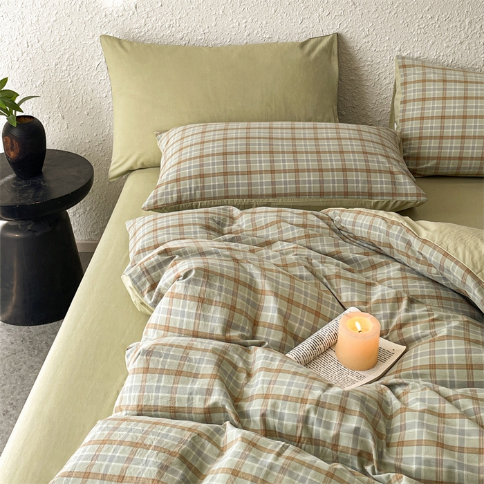 91家纺网 家纺一手货源 找家纺 曲之慕 2025新款亲肤舒适全棉纯棉色织水洗棉四件套 梦雨-绿