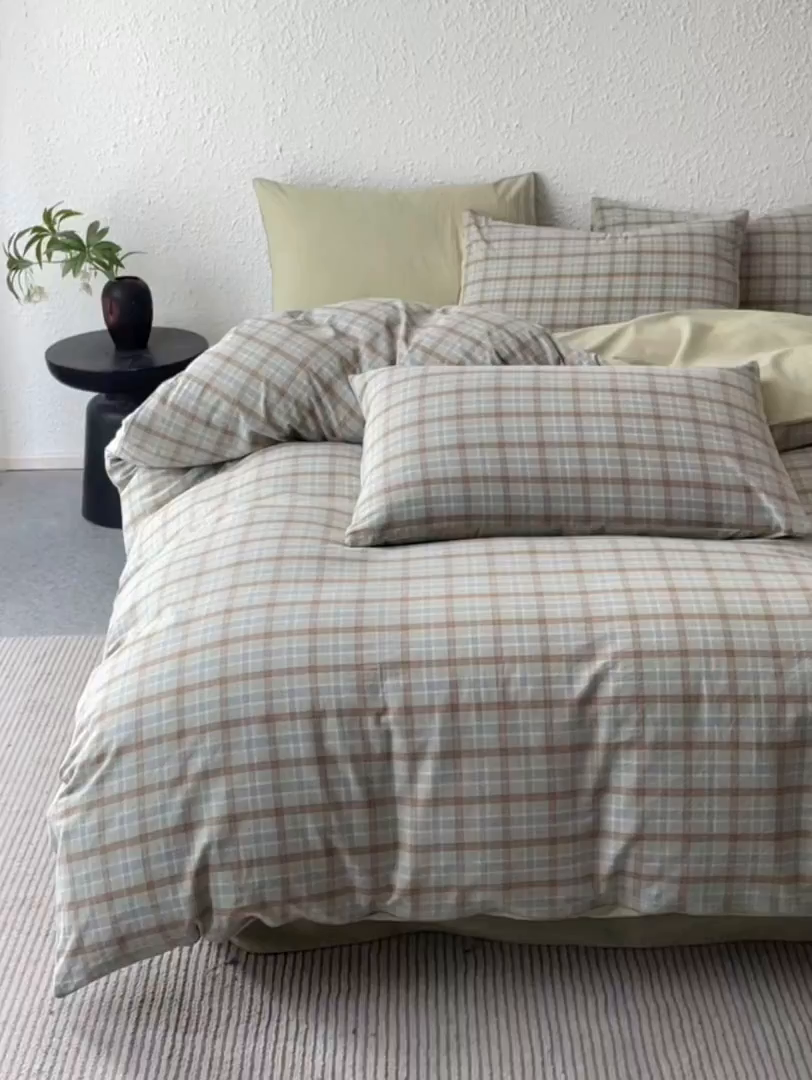 91家纺网 家纺一手货源 找家纺 曲之慕 2025新款亲肤舒适全棉纯棉色织水洗棉四件套 梦雨-绿