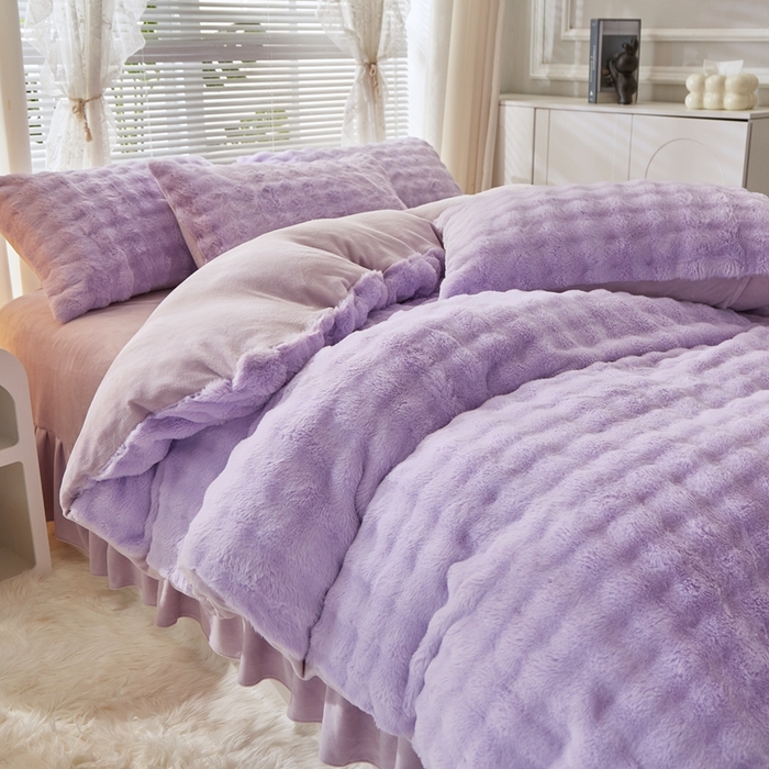 91家纺网 家纺一手货源 找家纺 晚悠家纺 2025新款兔毛绒大泡泡牛奶绒七彩泡泡款四件套 兔毛泡泡-紫