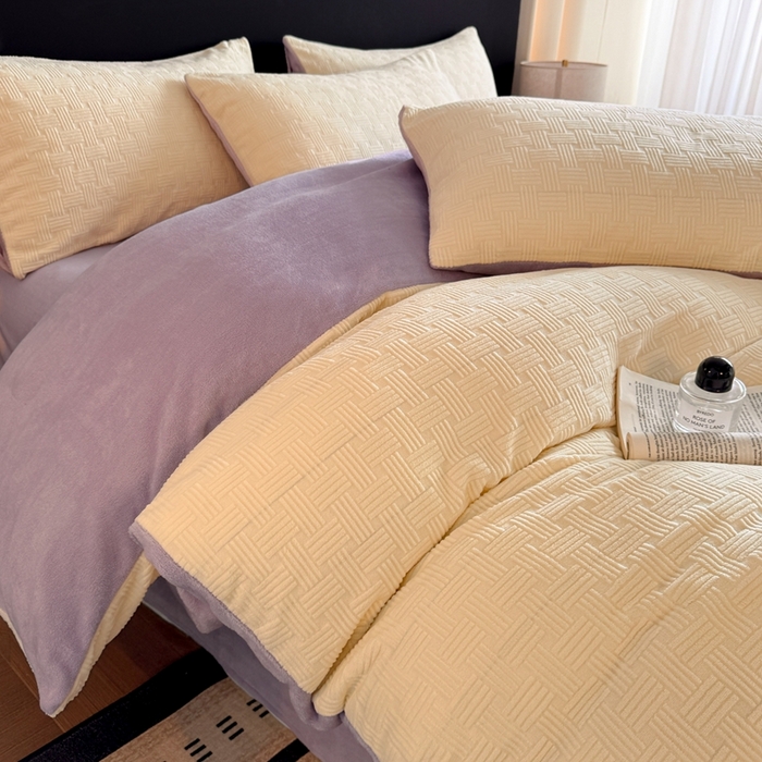 91家纺网 家纺一手货源 找家纺 蓝极人 2025新款AB版烂花牛奶绒四件套烂花-黄紫