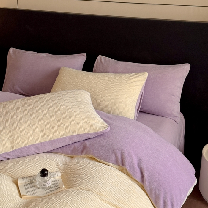 91家纺网 家纺一手货源 找家纺 蓝极人 2025新款AB版烂花牛奶绒四件套烂花-黄紫