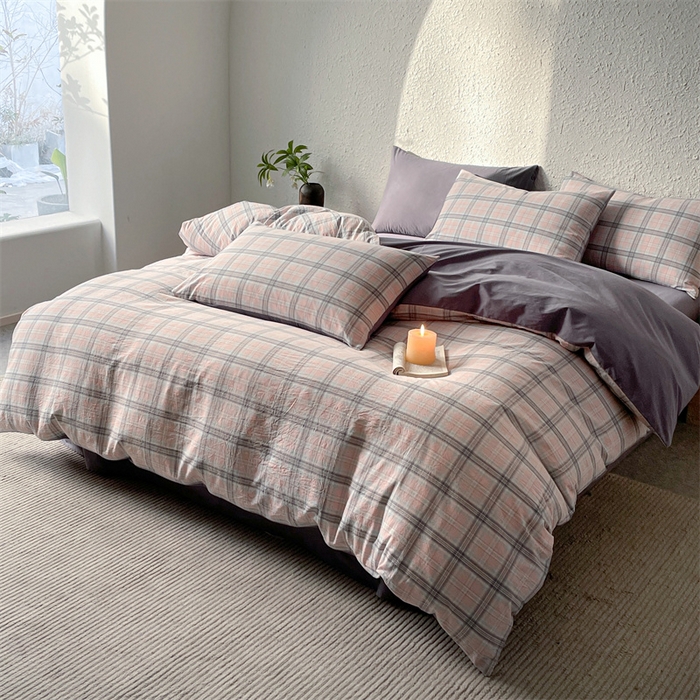 91家纺网 家纺一手货源 找家纺 曲之慕 2025新款亲肤舒适全棉纯棉色织水洗棉四件套 夕颜-粉