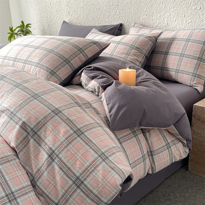 91家纺网 家纺一手货源 找家纺 曲之慕 2025新款亲肤舒适全棉纯棉色织水洗棉四件套 夕颜-粉