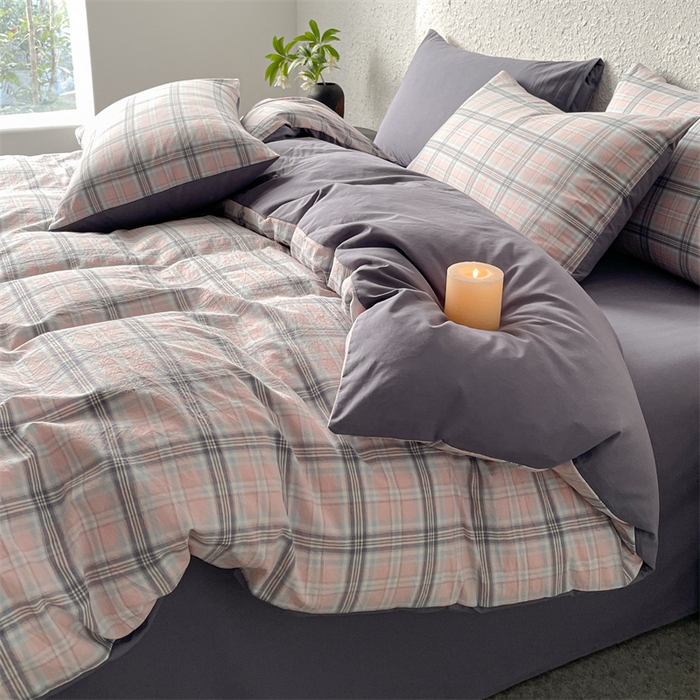 91家纺网 家纺一手货源 找家纺 曲之慕 2025新款亲肤舒适全棉纯棉色织水洗棉四件套 夕颜-粉