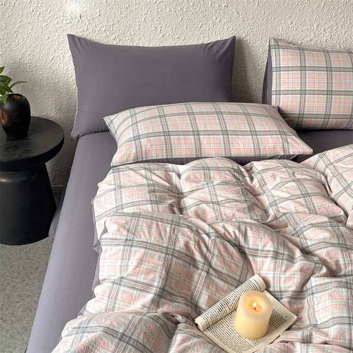 91家纺网 家纺一手货源 找家纺 曲之慕 2025新款亲肤舒适全棉纯棉色织水洗棉四件套 夕颜-粉