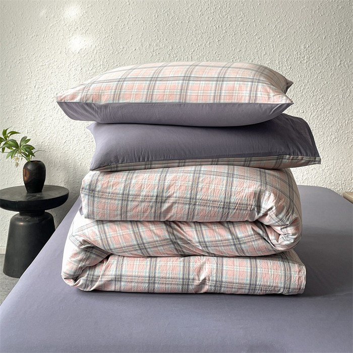 91家纺网 家纺一手货源 找家纺 曲之慕 2025新款亲肤舒适全棉纯棉色织水洗棉四件套 夕颜-粉